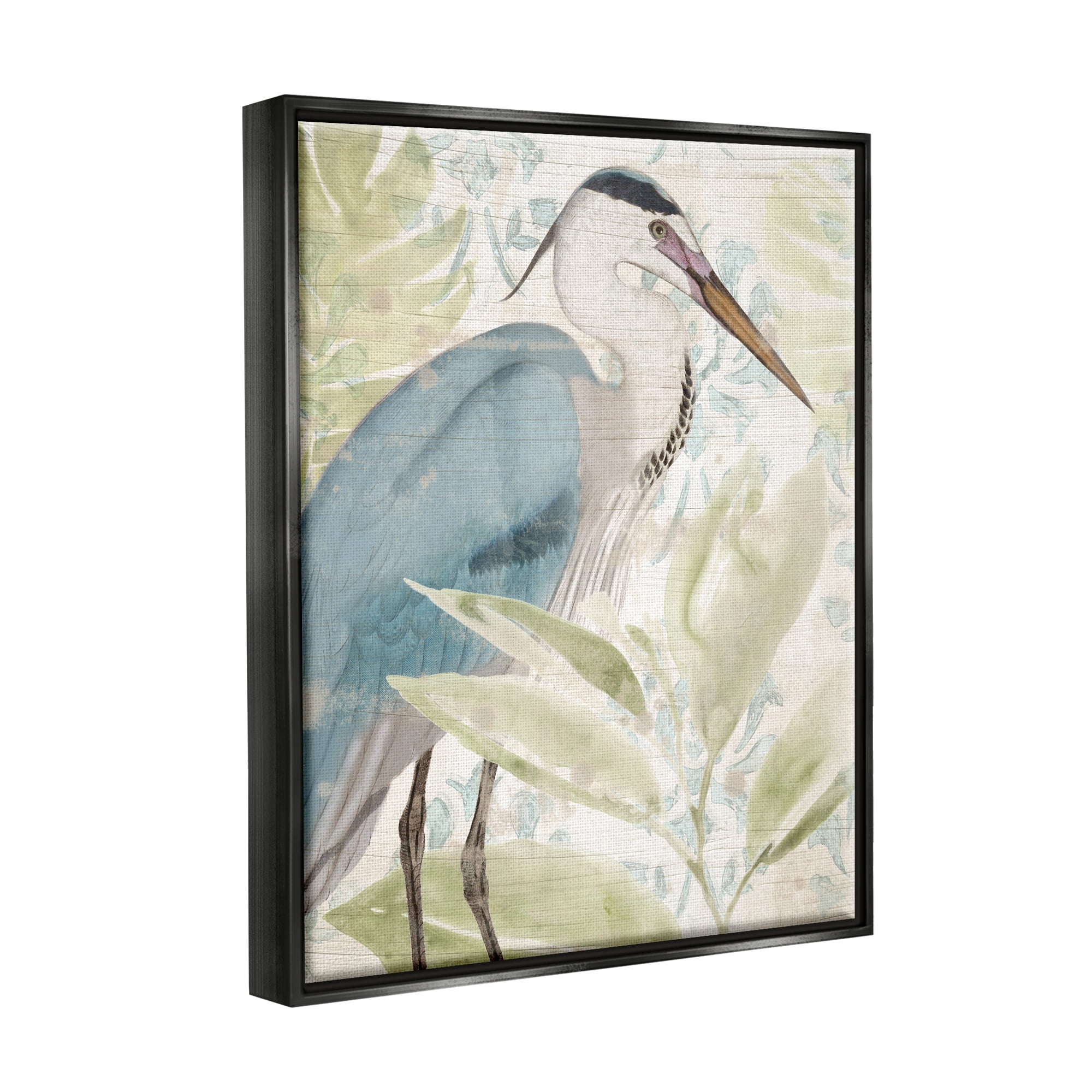 Stupell Industries Heron & Tropical Leaves Animals & Insects Painting Black Floater Framed Canvas Art Print Wall Art, 17 x 21