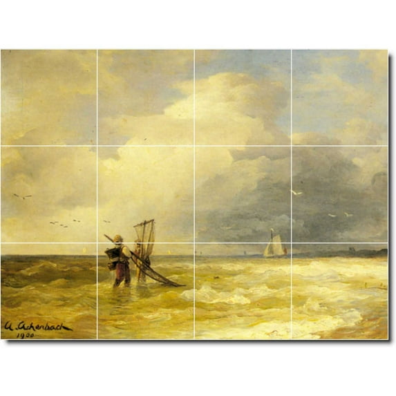 Ceramic Tile Mural-Andreas Achenbach Waterfront Painting 88. 24" w x 18" h using (12) 6 x 6 ceramic tiles