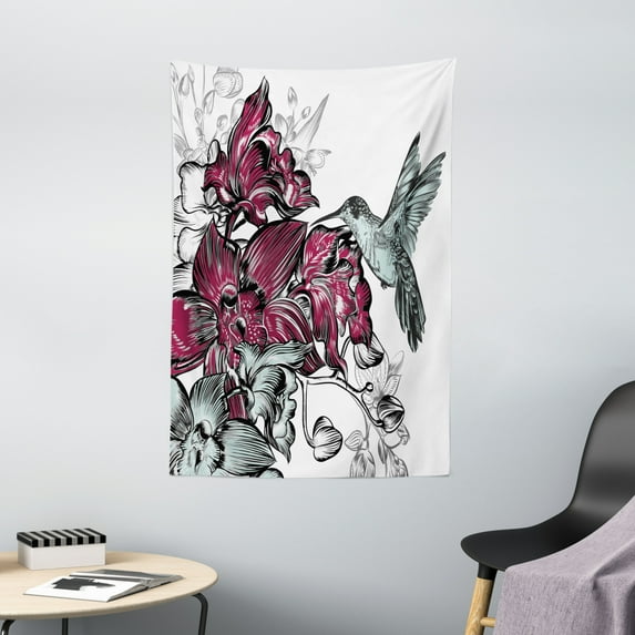 Hummingbirds Decorations Wall Hanging Tapestry, Orchid Flowers Bouquet and A Hummingbird Decorative Artistic Design Artwork, Bedroom Living Room Dorm Accessories, 40 X 60 Inches, by Ambesonne