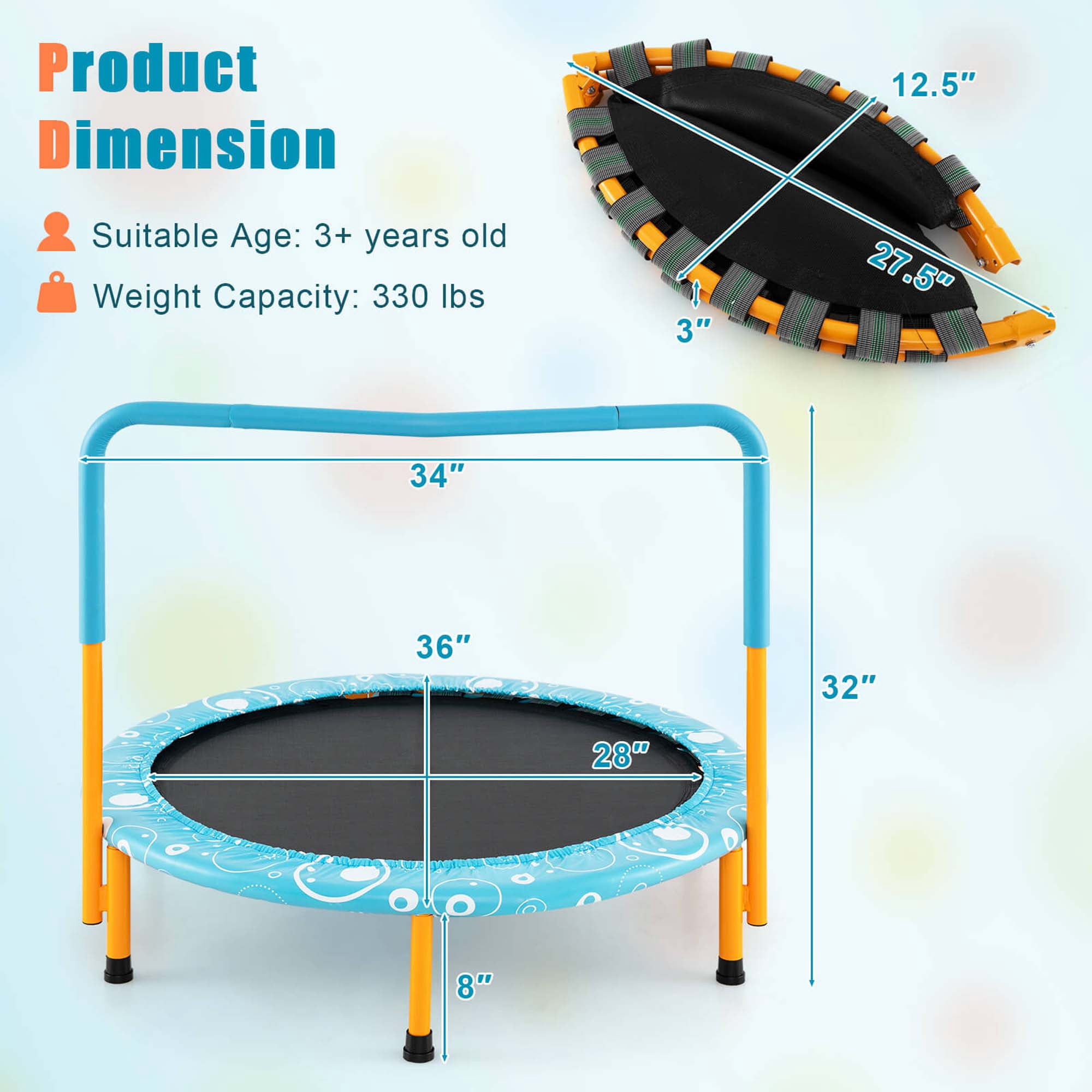 Costway 36" Kids Trampoline Rebounder with Full Covered Handrail & Pad Indoor Outdoor Light Blue