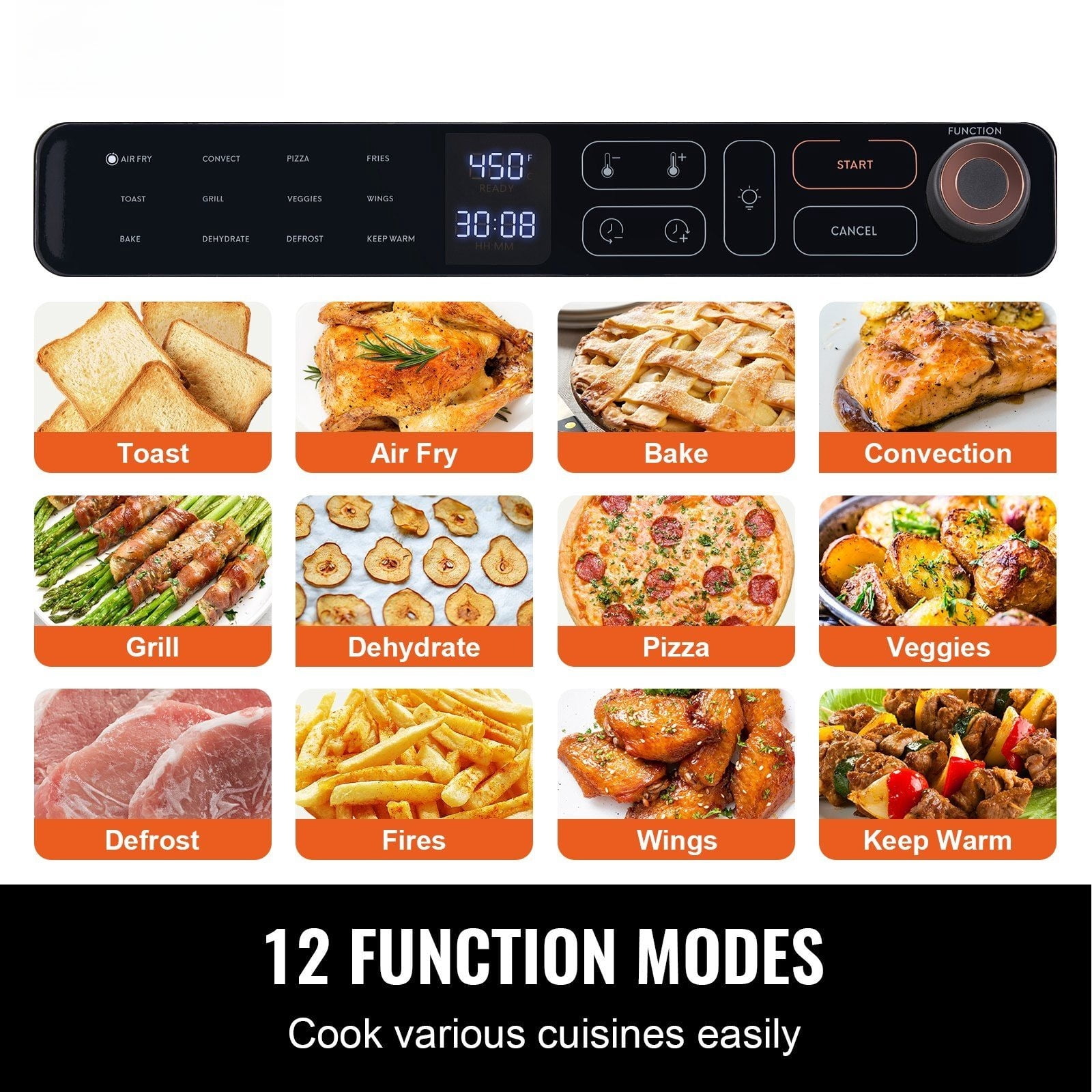 12-In-1 Air Fryer Oven Combination, 25-Liter Convection Oven, 1700W Stainless Steel Countertop Toaster, Home and Commercial with Grill Grill Gloves, Bakes 12 Slices of Toast 12-Inch Pizza