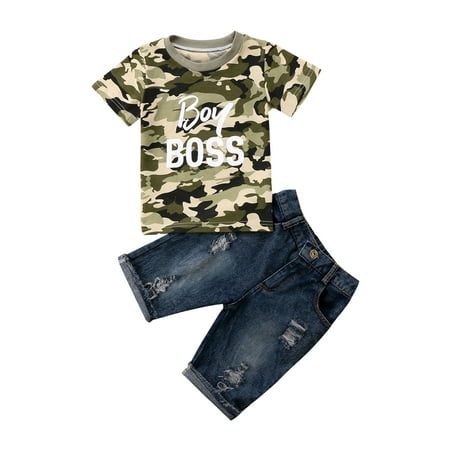 

Canrulo 2PCS Toddler Kids Baby Boys Camouflage T-shirt Top Ripped Jeans Summer Clothes Outfits Green 3-4 Years