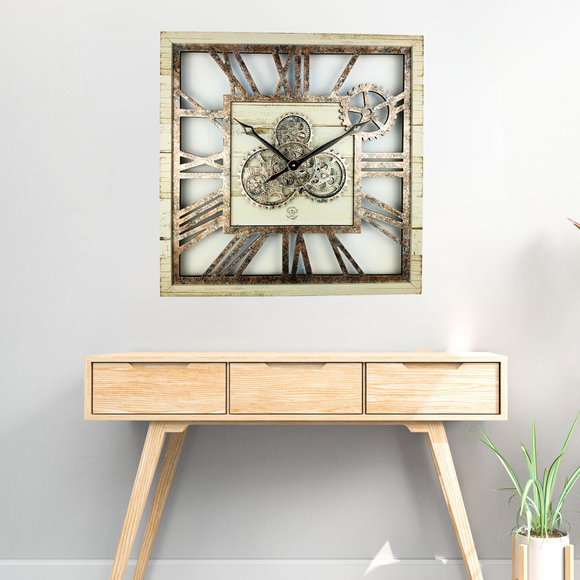 THE GEARS CLOCK Wall Clock with Real Moving Gears AM-LI_ 24 in Square Desert-Beige