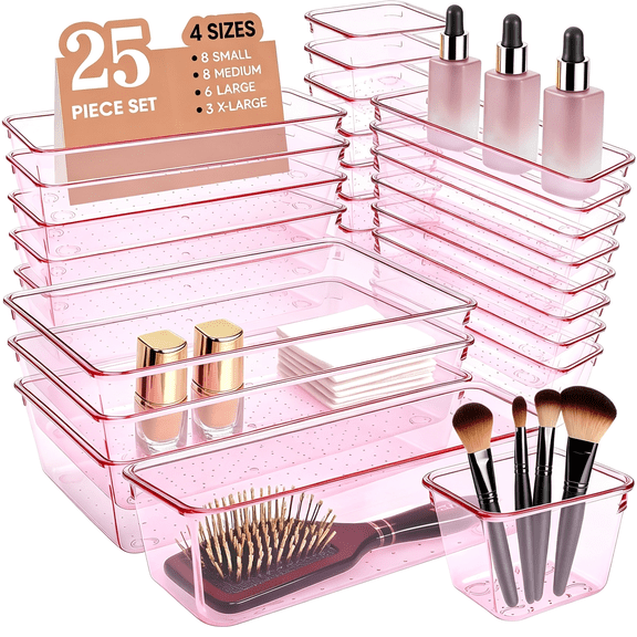 XIBUFE Kitchen Desk Drawer Organizers Storage for Office, Small Acrylic Vanity Trays Makeup Organizer for Drawer Bathroom Plastic Make Up Organizers 25 Pcs Pink