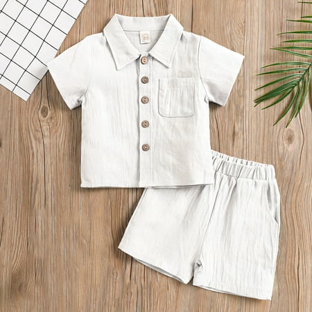 RKSTN Girls Short Sets Cotton Linen Short Sleeved Lapel Button up Top Two Piece Tween Summer Outfits(White 0-1Years)