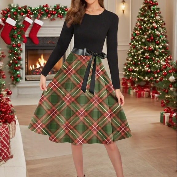 Mifsaly Merry Christmas Dresses for Women 2025 Crewneck Long Sleeve Vintage Cocktail Dress Xmas Plaid Tunic Elegant Evening Gowns Wedding Guest Festival Party Outfits with Belt