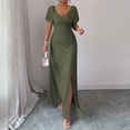 thumbnail image 4 of Laqbezok Evening Gown Dress, Women's V-Neck Mesh Flare Sleeve Formal Maxi, Elegant Ruched Bodycon Party Wedding Guest Dress with Split Hem, 4 of 5
