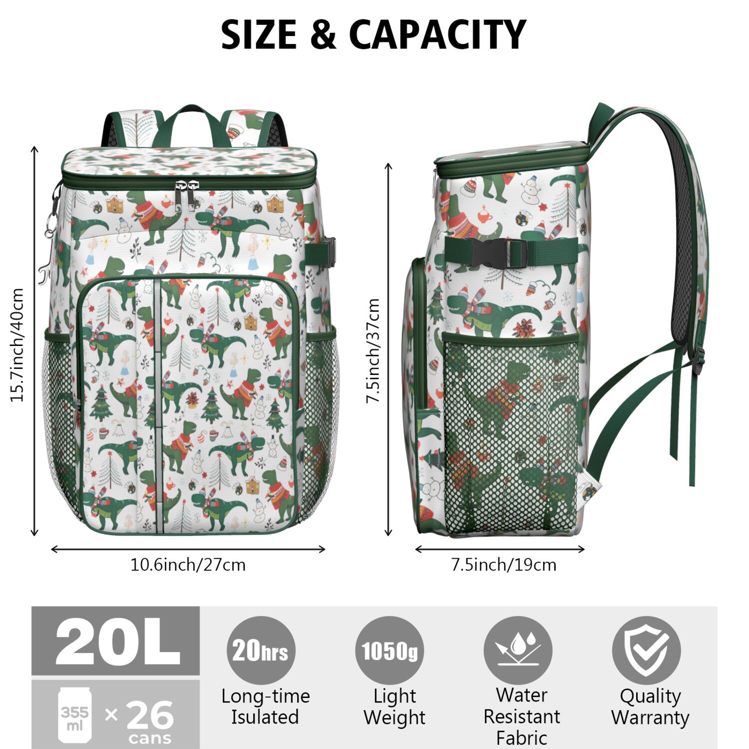 Travel Cooler Bag - Green Dinosaurs Christmas Pattern Camping Beer Cooler Backpack with Bottle Opener- Waterproof Insulated Picnic Backpacks - Cooler Bag for Beach