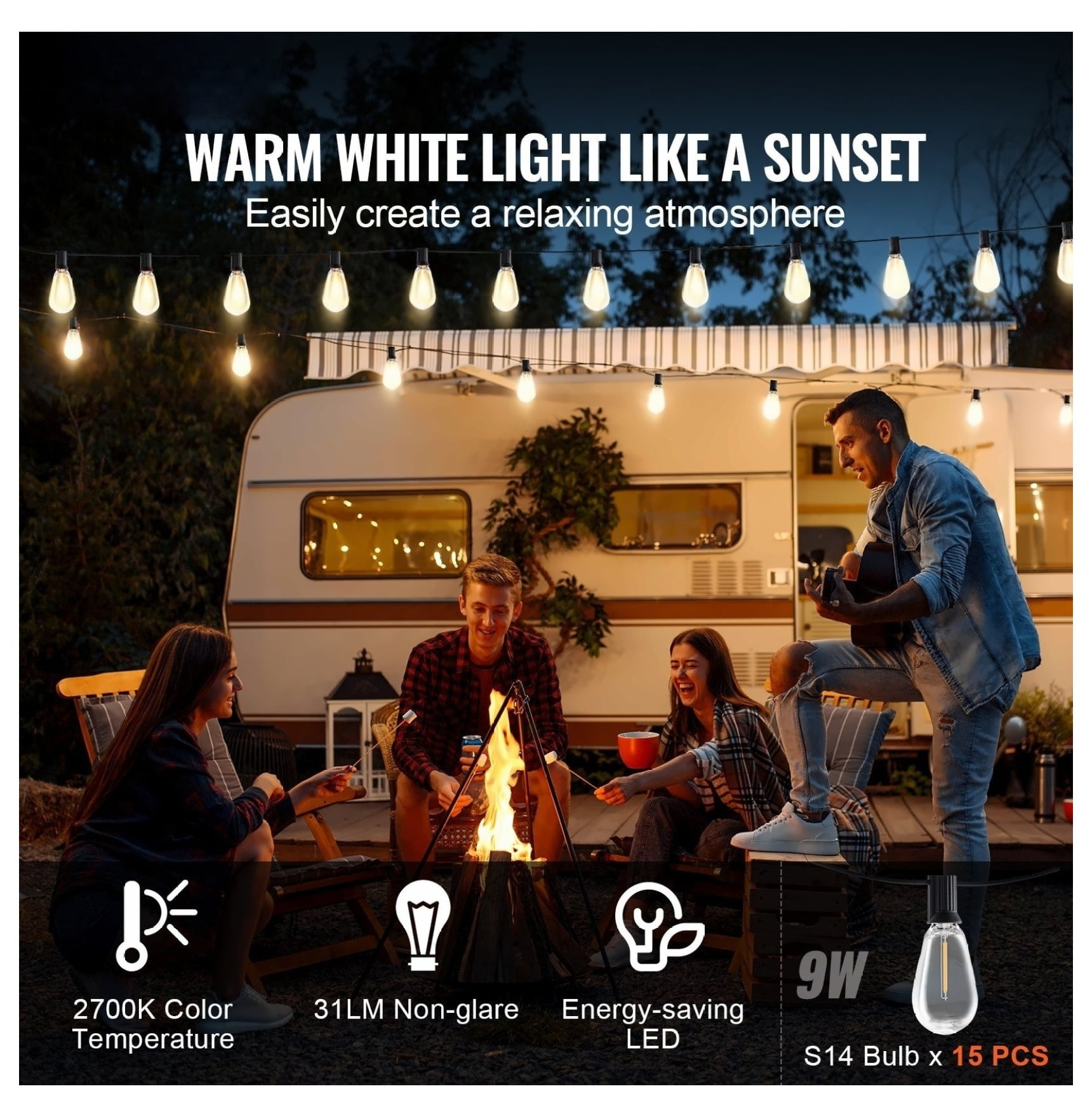 50FT LED String Lights Outdoor, 15 Bulbs Waterproof Patio Lights - S14 Shatterproof - Warm White 2700K for Garden, Porch, Party Decor