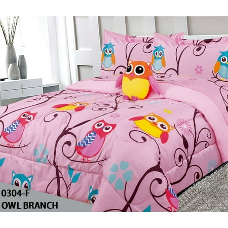 Belgian Linen Bedding Sets Golden Linens Twin Size 6 Pcs Comforter/ Coverlet / Bed in Bag Set with Toy Multicolor Lihgt Pink Hoot Owl Bedding for Girls# Owl Branch 6Pcs ()