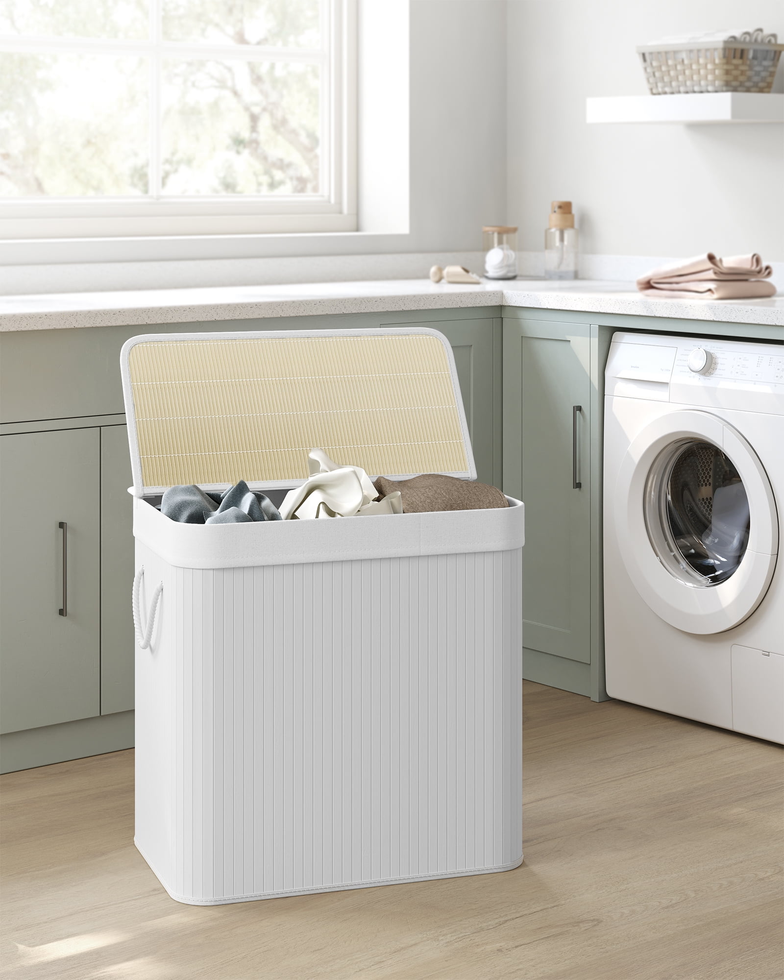 SONGMICS 39.6 Gallons Laundry Hamper, 3-Section Laundry Basket, Laundry Hamper with Lid, Bamboo, Foldable, Removable and Machine Washable Liner White