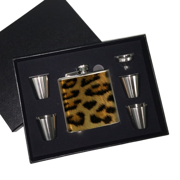 KuzmarK 6 oz. Stainless Steel Flask Set in Black Presentation Box -  Leopard