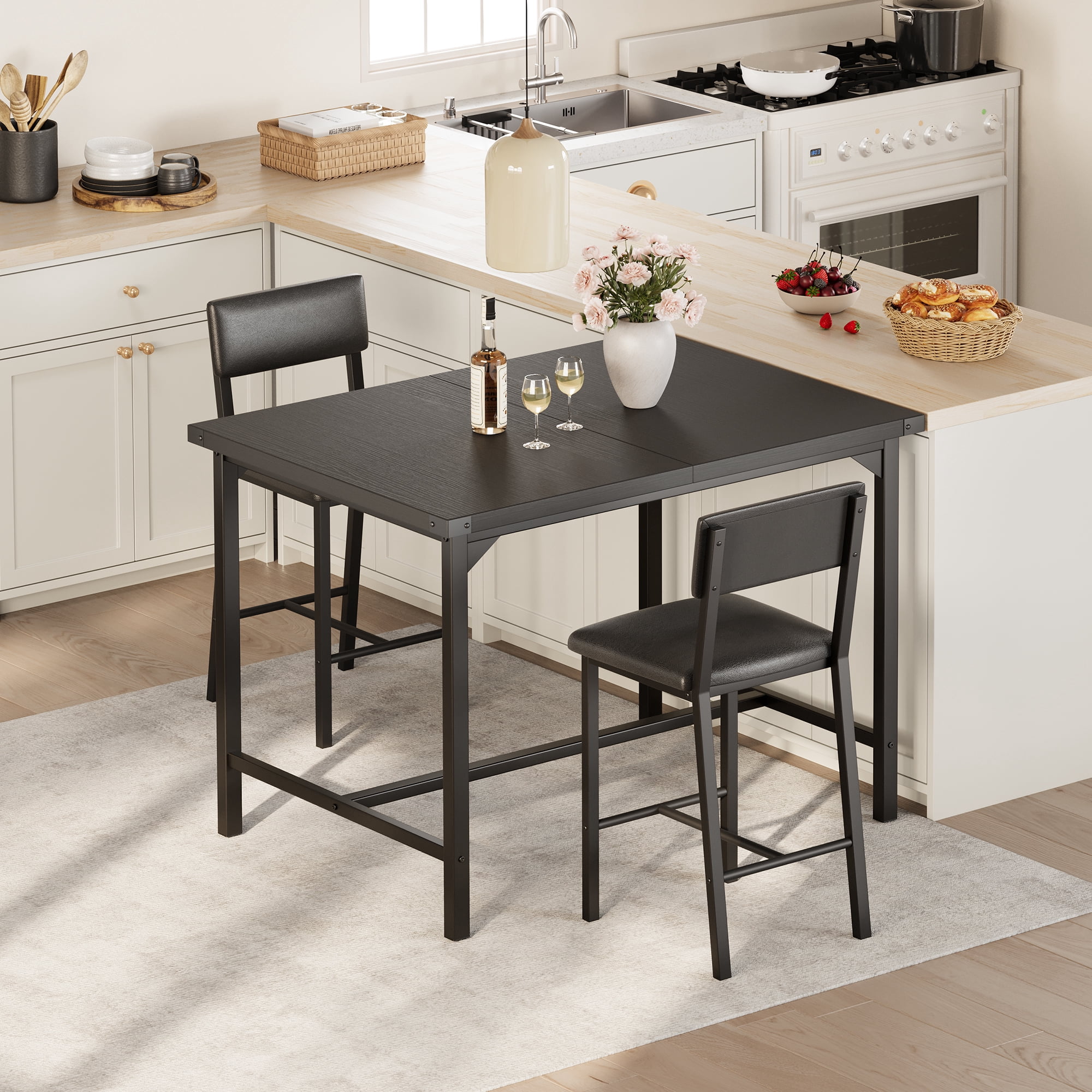 Space-Saving 3-Piece Counter Height Dining Table Set – High Top Table with 2 Upholstered Bar Chairs, Footrest & Backrest – Metal Frame, Corner Protectors – Fits Small Dining Room or Kitchen