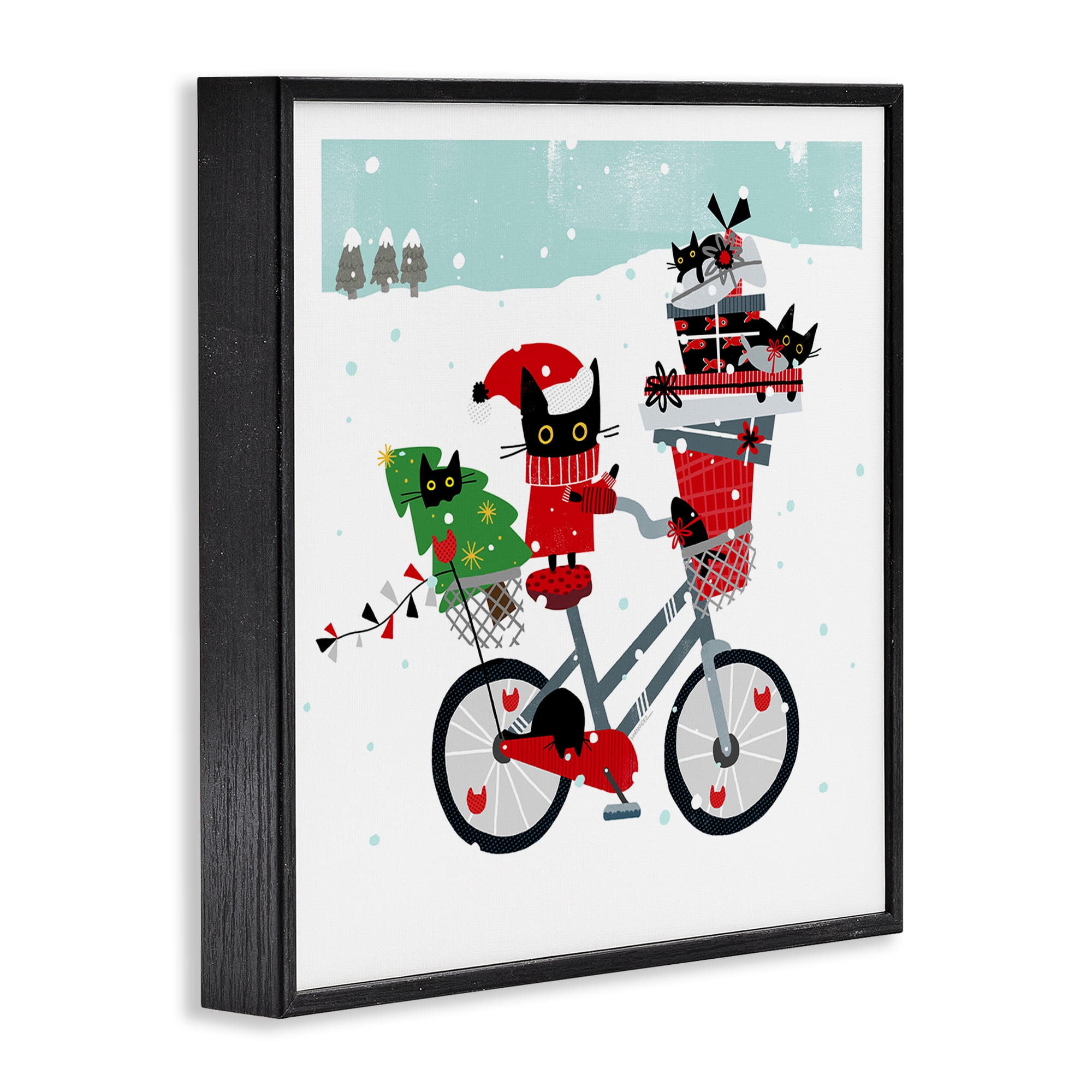 Stupell Industries Holiday Catmas Bicycle Holiday Painting Black Framed Art Prints Wall Art, 12 x 12