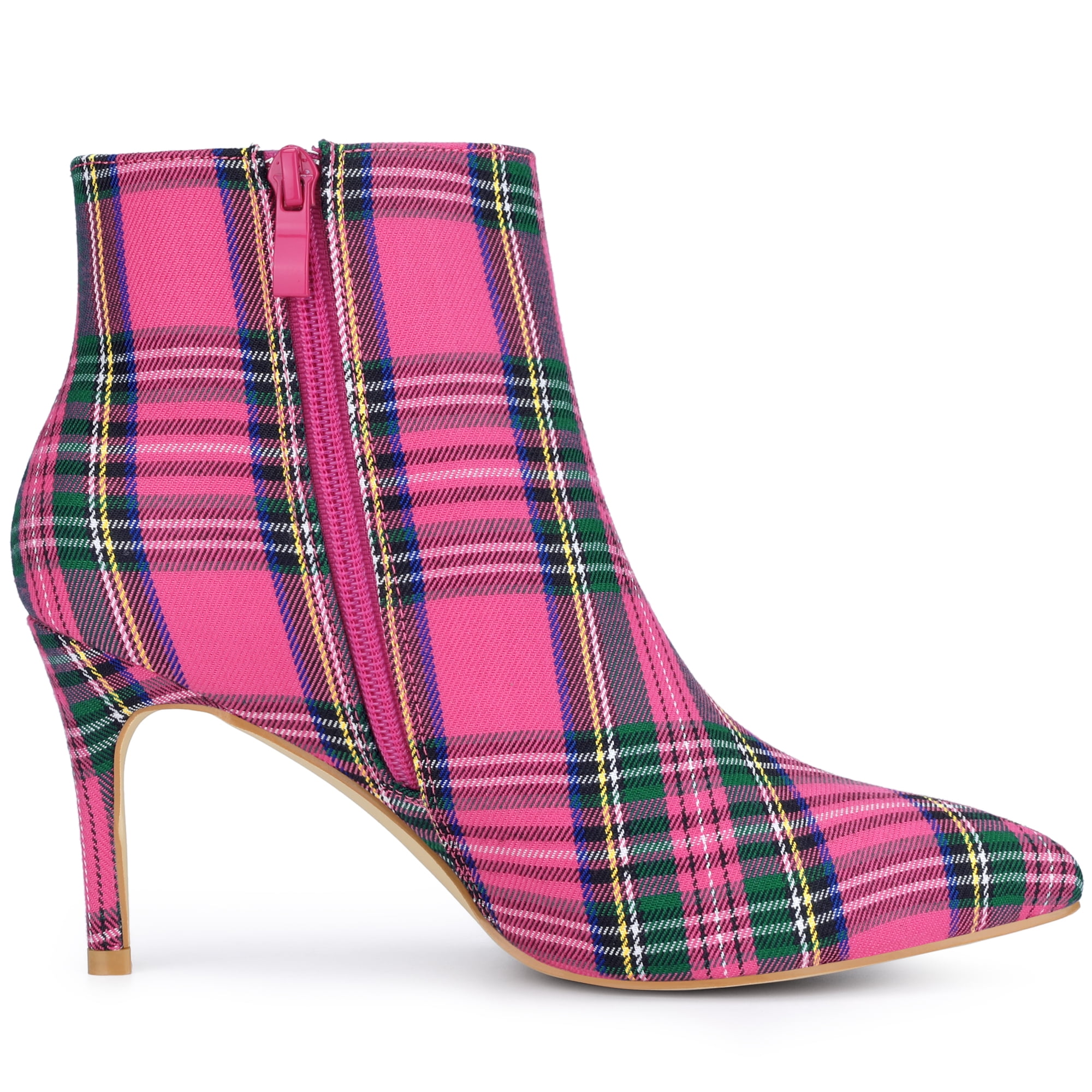 DARING DIVA Women's Plaid Pointy Toe Side Zip Stiletto Heel Ankle Boots Hot Pink 8