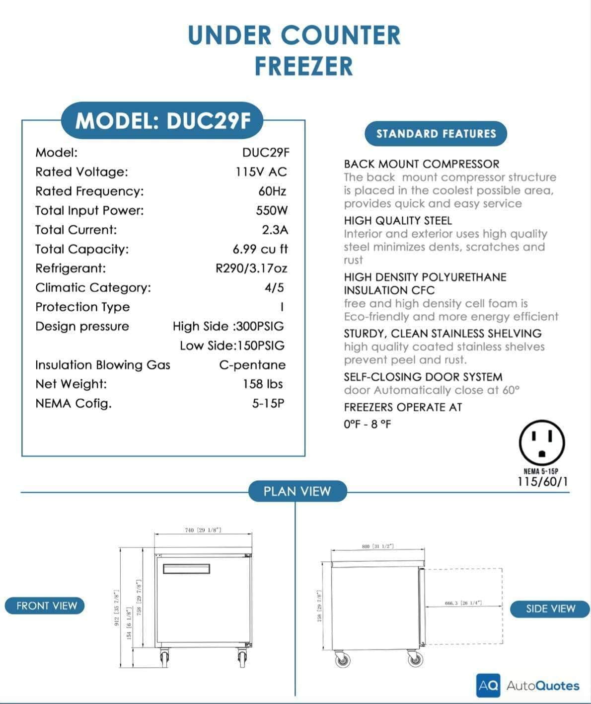 DUC29F Single Door Undercounter Freezer in Stainless Steel