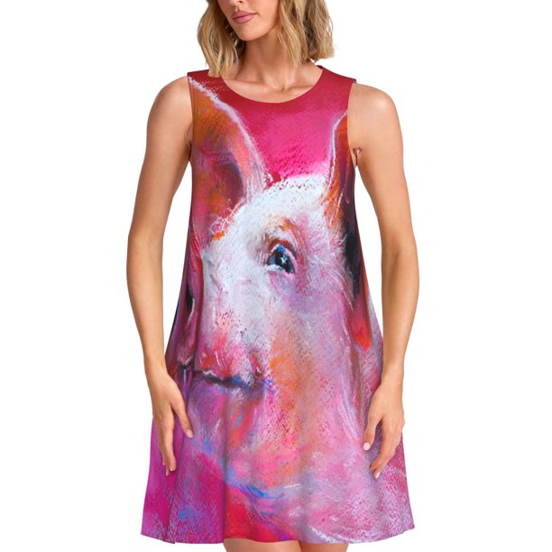 Easygdp Pig para Vestido Transpirable de Mujer, Vestido Suelto de Manga Corta con Pliegues y Bolsillos para el Verano