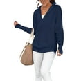 thumbnail image 3 of Women'S Long Sleeve Quarter Zip Pullover Sweater Casual Loose V Neck Collared Ribbed Knit Tops Dark Blue L, 3 of 8