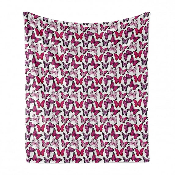 Butterfly Soft Flannel Fleece Blanket, Vibrant Watercolor Animals Patterns Warm Climate Creatures Spring Season, Cozy Plush for Indoor and Outdoor Use, 50" x 60", Pink Magenta Black, by Ambesonne