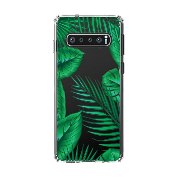 DistinctInk Clear Shockproof Hybrid Case for Samsung Galaxy S10 (6.1" Screen) - TPU Bumper, Acrylic Back, Tempered Glass Screen Protector - Green Tropical Leaves