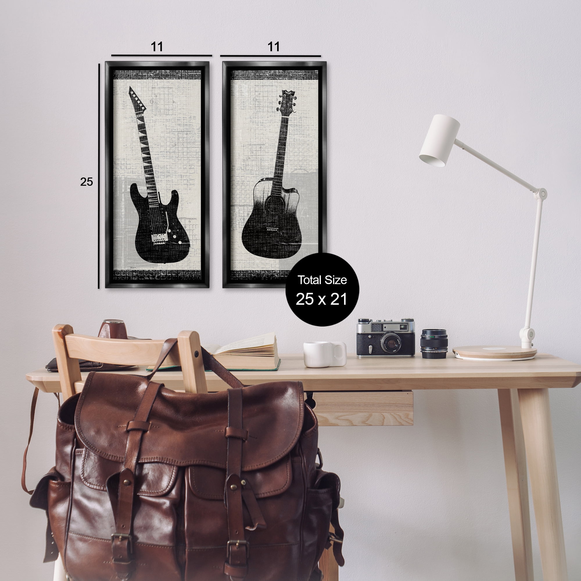 Stupell Industries Electric Acoustic Guitar Entertainment Painting Black Floater Framed Canvas Art Print Wall Art, 11 x 25, Set of 2