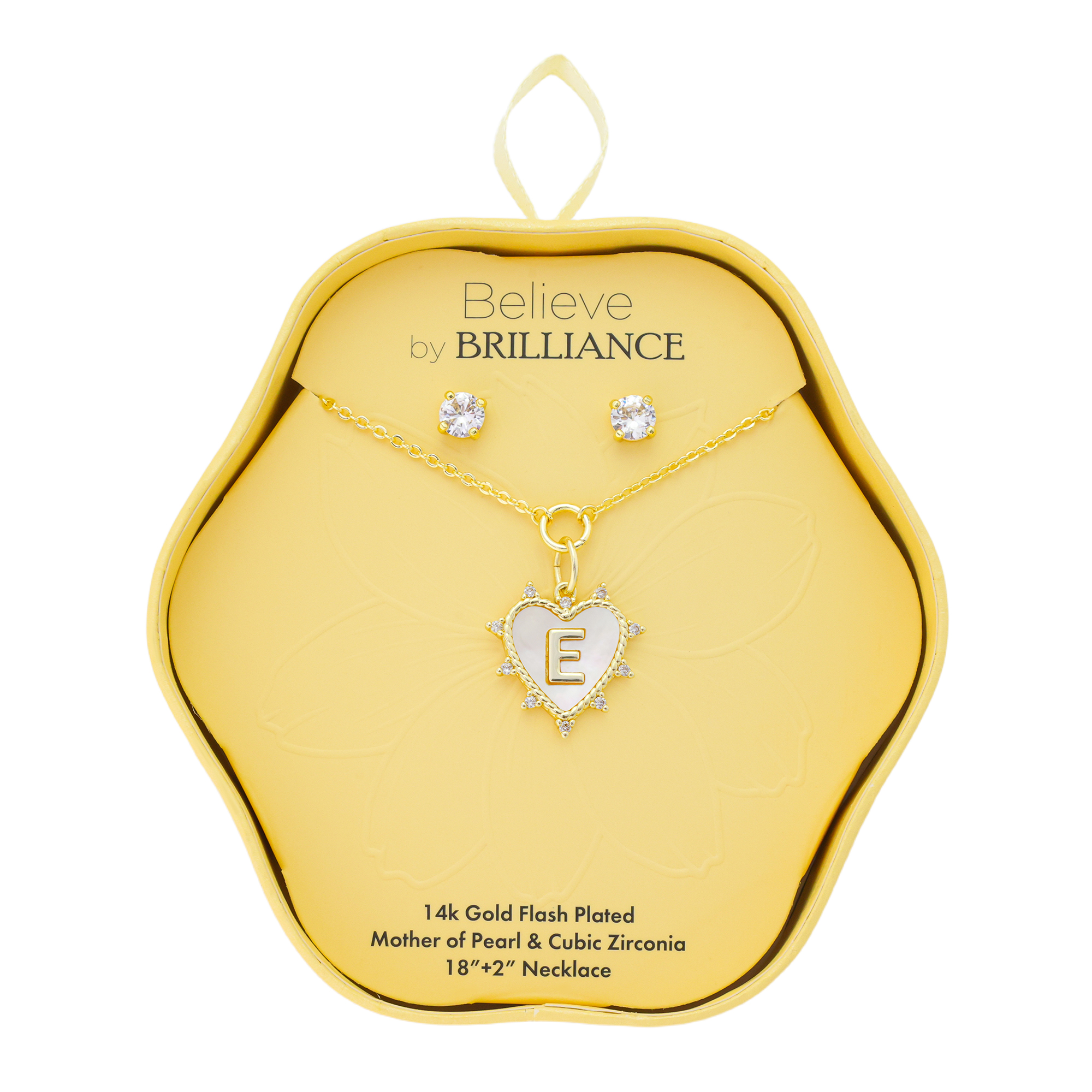 Believe by Brilliance Women's 14Kt Gold Flash Plated Mother of Pearl and Cubic Zirconia Heart "E" Necklace and Earring Set