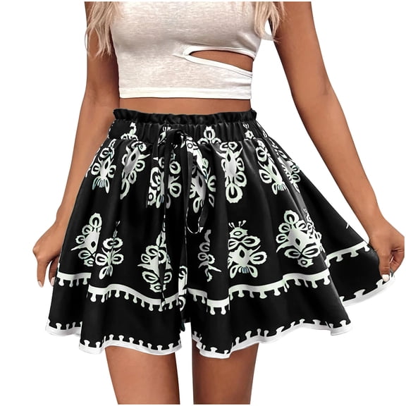 Uaswgudfs ​Womens Shorts: A-Line Casual with Decorative Trim & Bohemian Print - Lightweight Summer Elastic Waist Comfort Shorts Black L