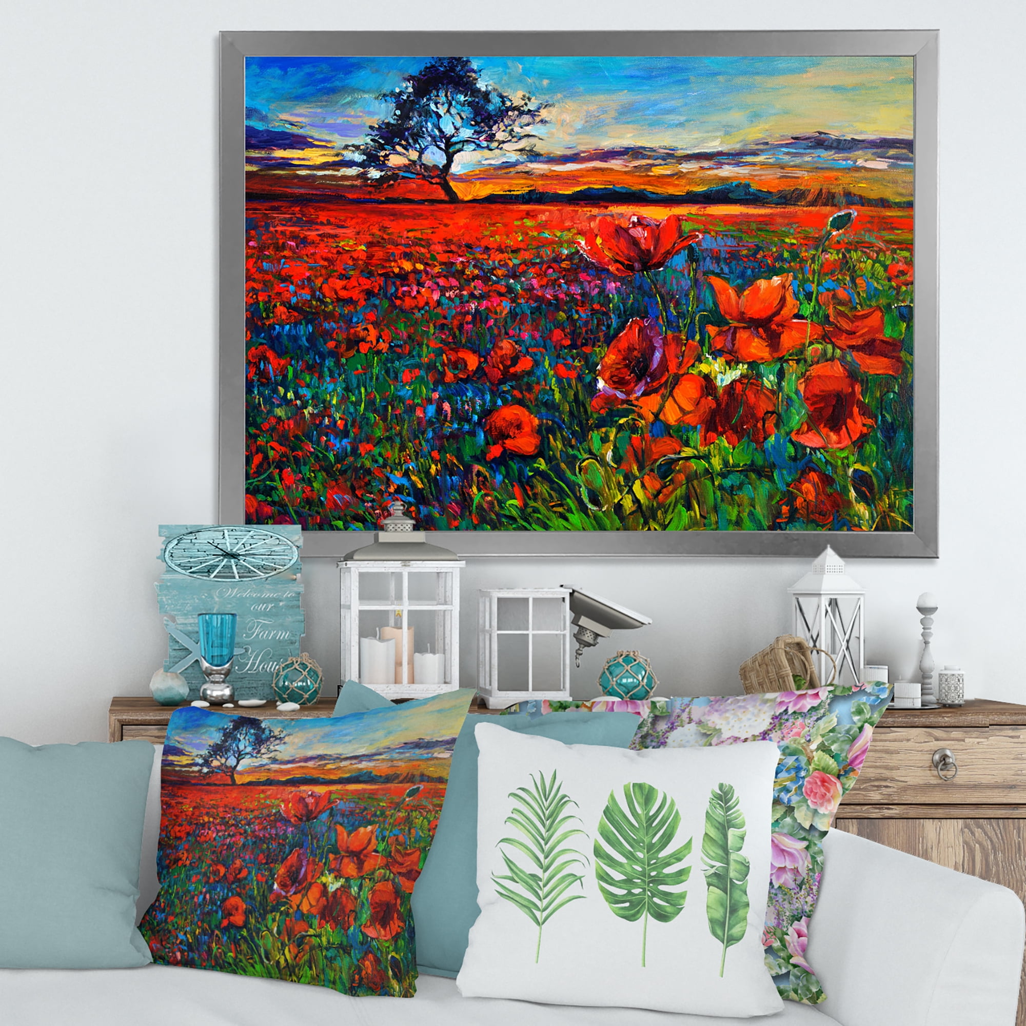 Designart 'Blossoming Red Poppy Fields With Distant Tree' Traditional Framed Art Print
