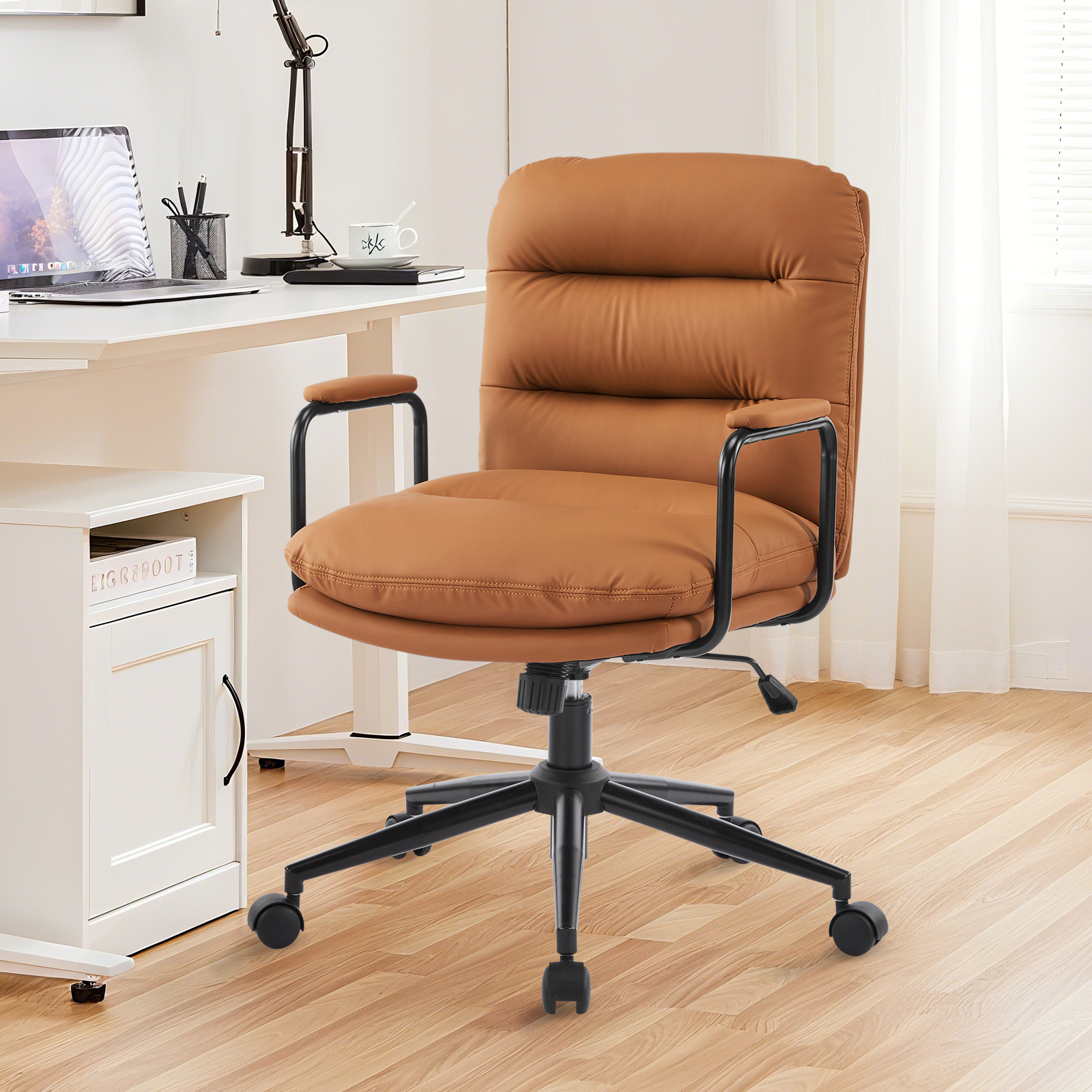 Falvinoryn Modern Office Chair, High Back Ergonomic Task Chair with Padded Armrests and Double Cushion, Swivel Home Office Desk Chair, Faux Leather Executive Armchair for Home, Bedroom (Brown)