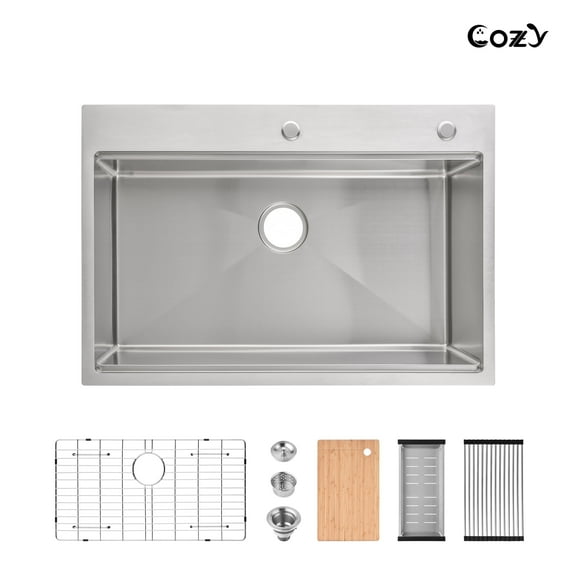 COZY 33"x22" Stainless Steel Single Bowl Overmount Kitchen Sink, Brushed Finish, with Cutting Board, Colander, Grid, SS-BR01-332208
