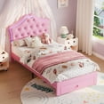 thumbnail image 4 of Garvee Twin Velvet Upholstered Platform Bed with LED Lights, Crystal Button Headboard, Storage Drawer, No Box Spring Needed, Princess Bed, Pink, 4 of 8