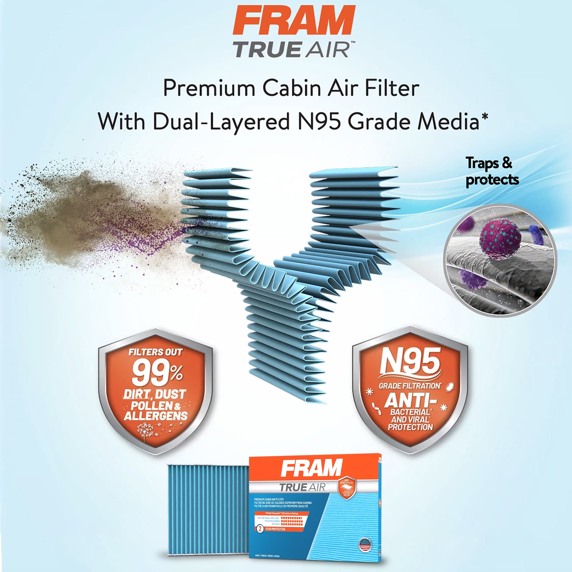 FRAM CV10134 TrueAir Premium Cabin Air Filter with N95 Grade