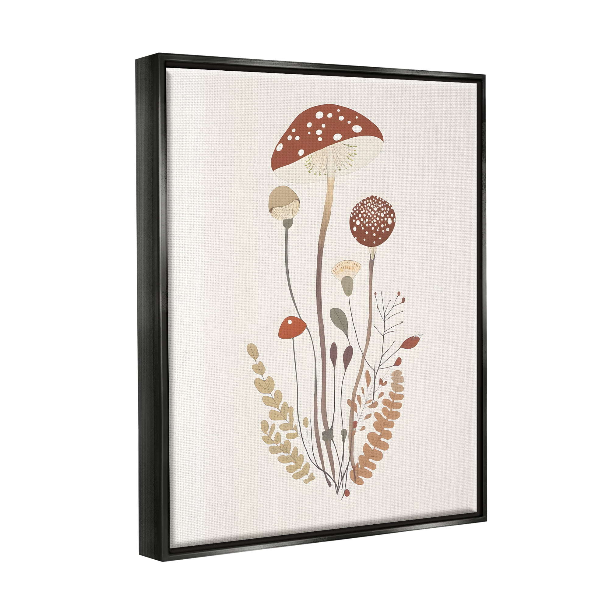 Stupell Industries Mushrooms & Fern Sprigs Botanical & Floral Painting Black Floater Framed Canvas Art Print Wall Art, 17 x 21