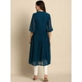 thumbnail image 3 of Janasya Indian Chinese Neck 3/4 Sleeve Self Design Teal Poly Chiffon Kurta For Women, 3 of 5