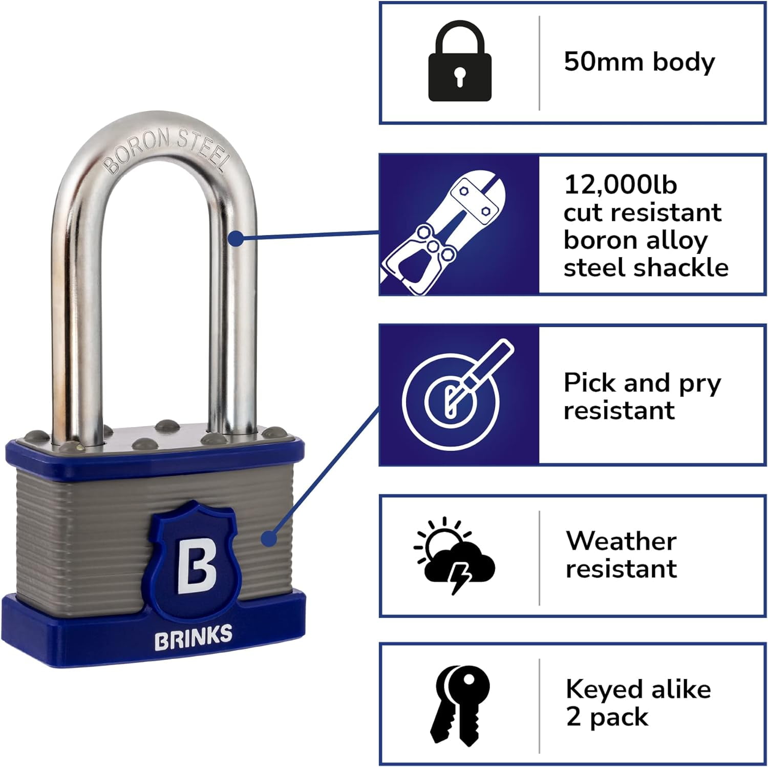 (2 pack) Brinks 50mm Laminated Steel Padlock with 2in Boron Shackle