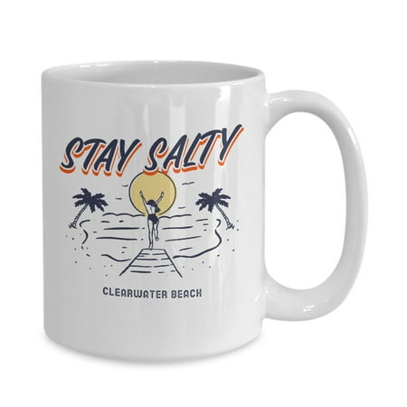 

Stay Salty Clearwater Beach Fun Summer Vintage Girl Palm Tree White Gift coffee mug