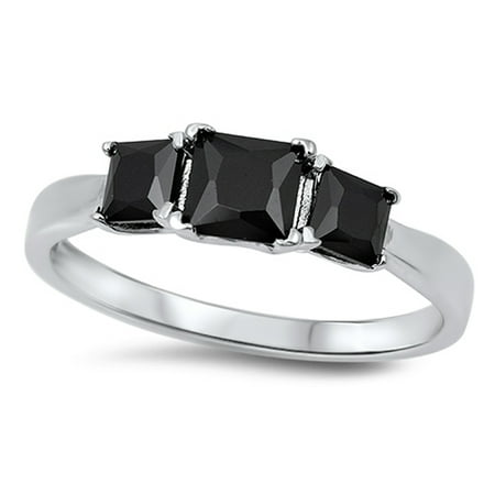 Sterling Silver Women's Flawless Black Cubic Zirconia Triple Square Wedding Ring (Sizes 3-13) (Ring Size 9)
