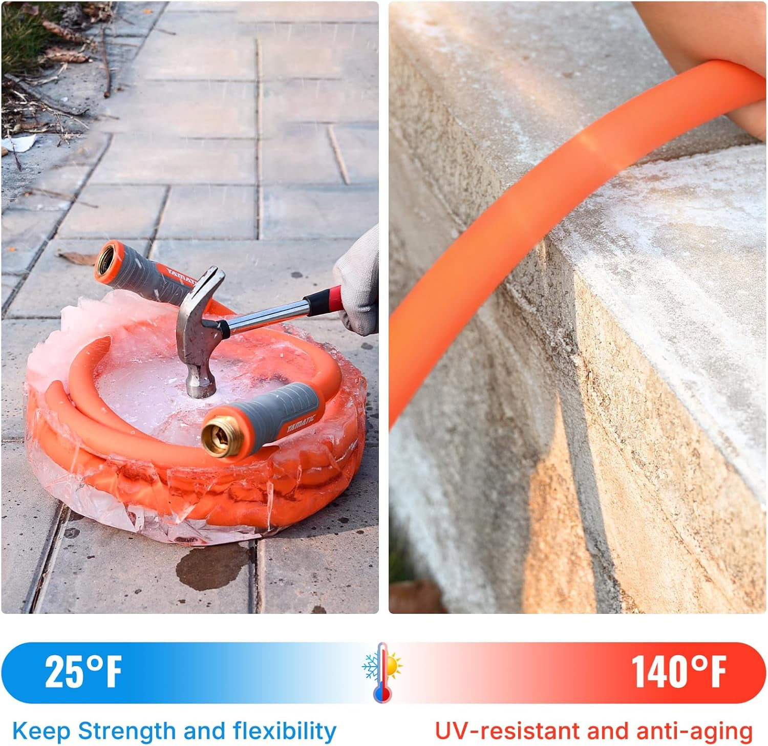 YAMATIC Garden Hose 75 ft 5/8", Flexible Water Hose, Burst 600 PSI Orange Polymer Heavy Duty Hose