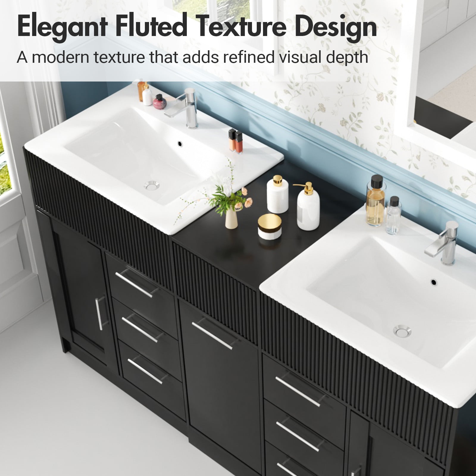 Advwin 60" Double Sink Bathroom Vanity with Ceramic Basins, Modern Freestanding Bathroom Storage Cabinet with 7 Drawers & Soft-Close Doors, Black