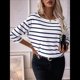 thumbnail image 4 of Camisetas de 3/4 para Mujer, Camisas A Rayas con Cuello , Camisetas de Algodón Francés Azul L, 4 of 8