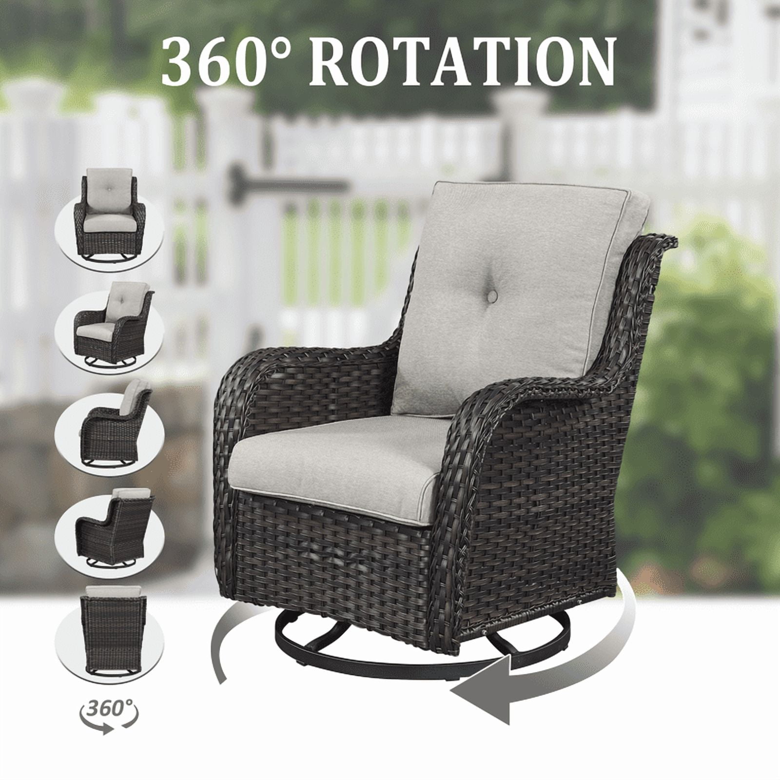 4 Piece Patio Furniture Set with 41" Fire Pit Table, Outdoor All Weather Wicker Rattan Furniture with Swivel Rocking Chairs and 3-Seat Sofa for Backyard Balcony Deck, Beige/Brown