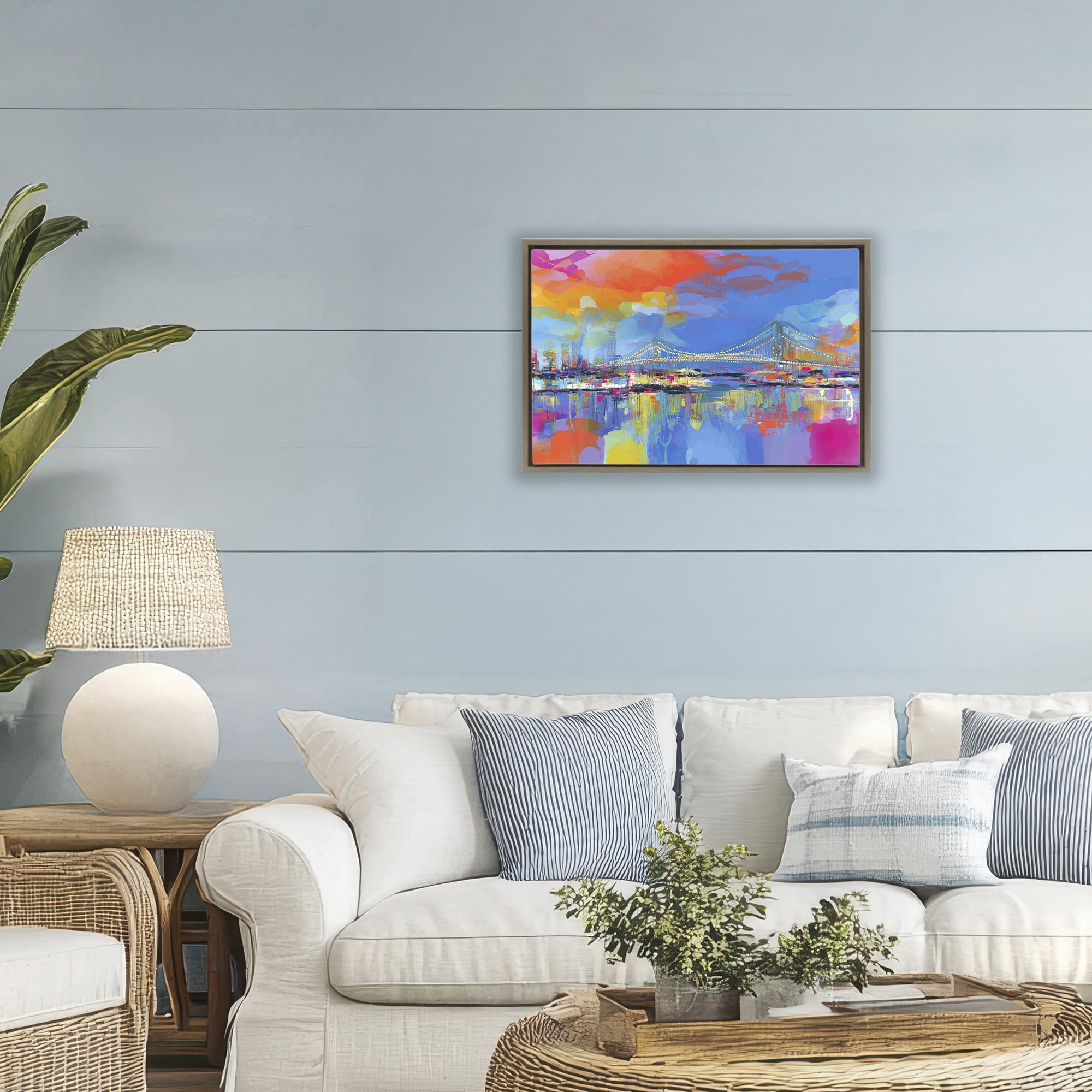 Stupell Industries Bay Bridge Aglow at Sunrise Brown Framed Floater Canvas Wall Art, design by Chromatic Storm Studio