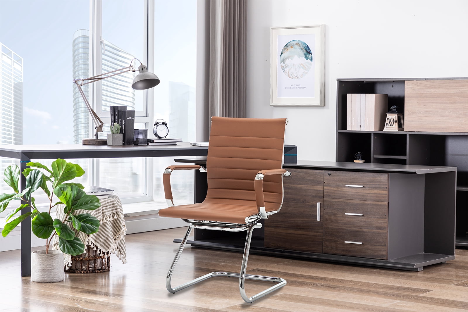 Guyou Modern Mid Back Office Guest Chair Set of 2, Faux Leather Reception Chair Computer Chair with Armrests and Metal Sled Base for Meeting/Waiting/Conference Room, No Wheels, Coffee