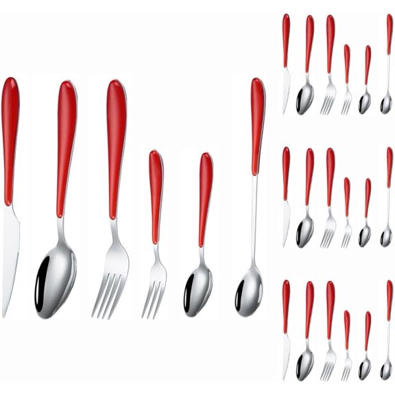 Plastic Clamp Handle Kitchen Stainless Steel Silverware Tableware Flatware Cutlery Set Steak Knife Fork Spoon Teaspoon (Red,24 pieces)