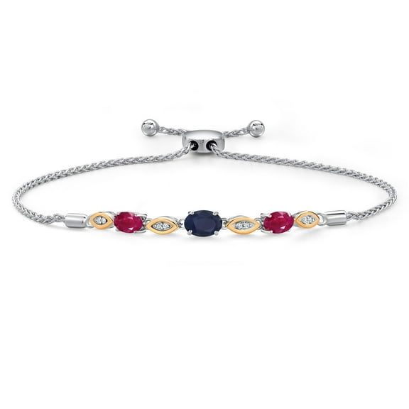Gem Stone King 925 Silver and 10K Yellow Gold Blue Sapphire and Red Ruby and Lab Grown Diamond Bracelet for Women | 2.26 Cttw | Gemstone September Birthstone | Oval 7X5MM | Fully Adjustable 9"
