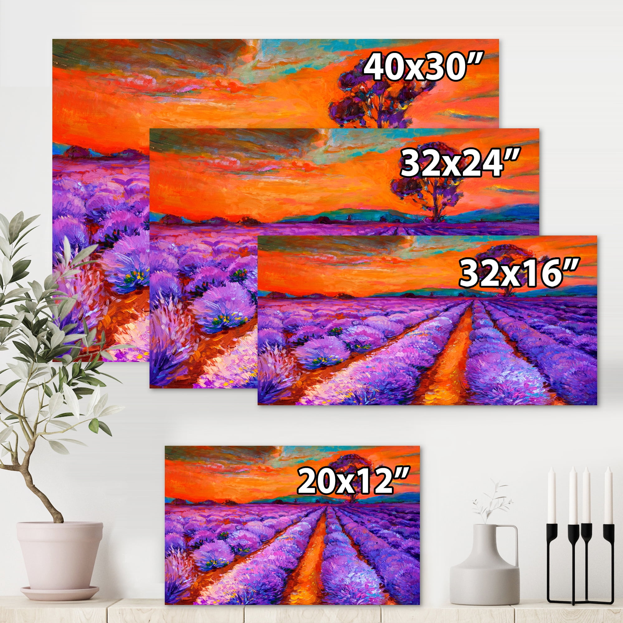 Designart ' An Orange Sunset Over Purple Lavender Fields I ' Farmhouse Canvas Wall Art Print
