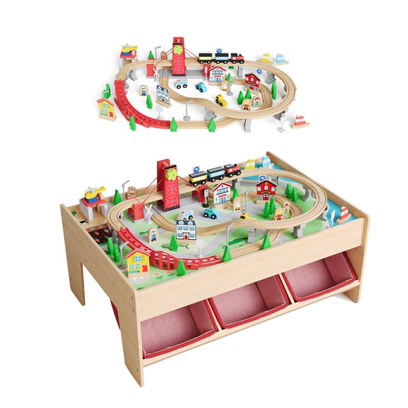84 Piece Kids Wooden Train Table, Activity Playset with Tracks Trains Cars and Storage Drawer, Reversible Top, Wood