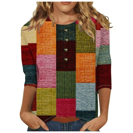 Summer Savings Clearance 2025! Bovxnpu Womens Tops Plus Size Tops for Women Women s Casual 3/4 Sleeve Printed Buttoned Corset Tunic Tops Pleated T-shirts Blouses Multicolor L