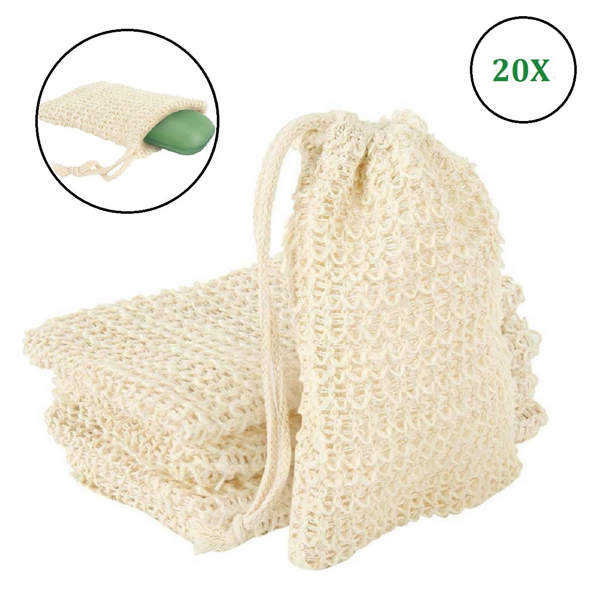 Soap Saver Exfoliating Bag for Shower 20 Pcs - Ideal for Scraps & Save Soaps Foaming and Drying Soap Sisal Mesh Soap Pouch Loofah Double Layer Drawstring Soap Holders Body Facial Cleaning Tool