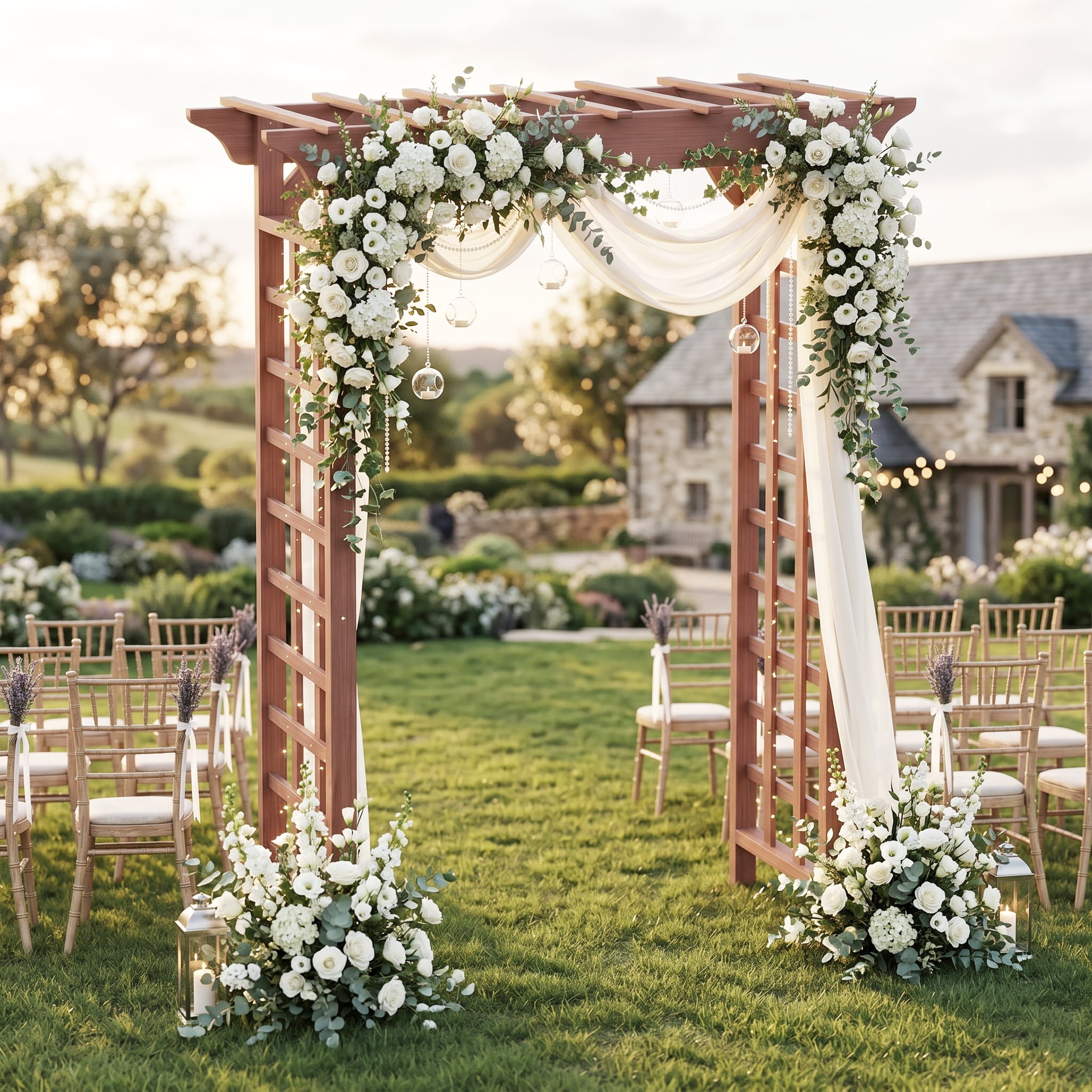 Wooden Garden Arbor with Lattice Trellis Pergola Top Outdoor Wedding Backdrop Plant Climbing Support